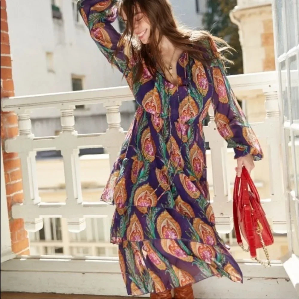 The Kooples Multicolor Purple Hindu Flower Print Silk Midi Dress Small